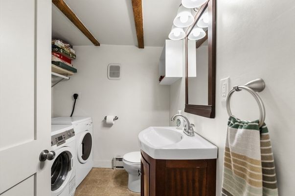 Bathroom, Interior, Washer, Wooden Beams