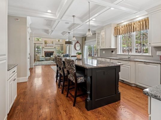 Fireplace, Interior, Kitchen, Living room, Pendant Lights, Recessed Lighting, Wood Texture Flooring