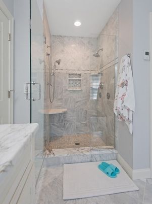 Bathroom, Glass Shower, Interior, Marble Walls, Recessed Lighting