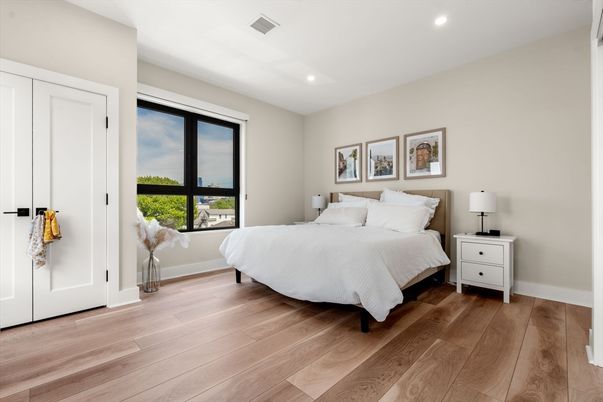 Bedroom, Interior, Recessed Lighting, Wood Texture Flooring