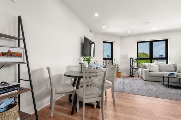 Dining room, Interior, Living room, Recessed Lighting, Wood Texture Flooring