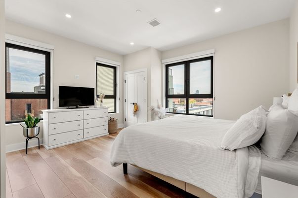 Bedroom, Interior, Recessed Lighting, Wood Texture Flooring