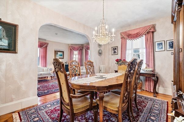 Chandelier, Dining room, Interior, Wood Texture Flooring