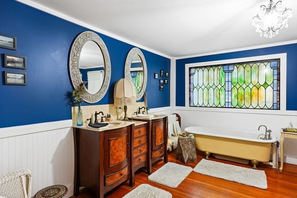 Bathroom, Dual Sink Vanities, Free Standing Baths, Interior, Wood Texture Flooring