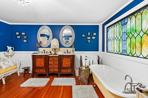 Bathroom, Dual Sink Vanities, Free Standing Baths, Interior, Wood Texture Flooring