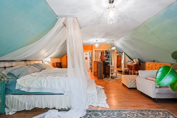 Bedroom, Chandelier, Interior, Wood Texture Flooring