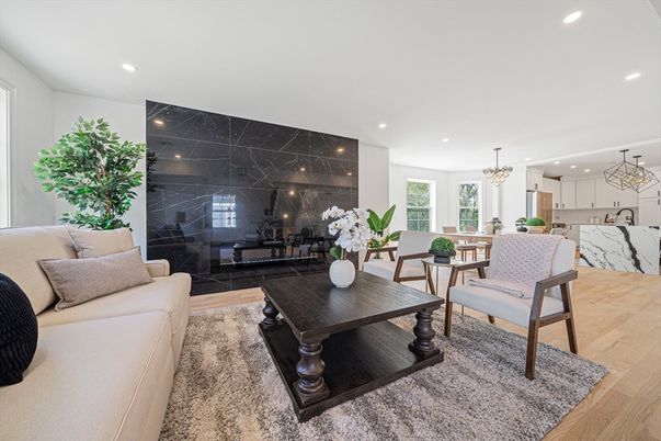 Chandelier, Dining room, Interior, Kitchen, Living room, Marble Walls, Recessed Lighting, Wood Texture Flooring
