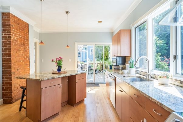 Interior, Kitchen, Pendant Lights, Recessed Lighting, Stone Walls, Wood Texture Flooring