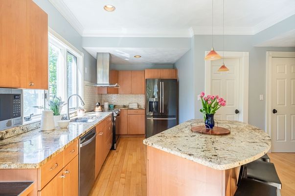 Interior, Kitchen, Pendant Lights, Recessed Lighting, Stainless Steel Appliances, Wood Texture Flooring