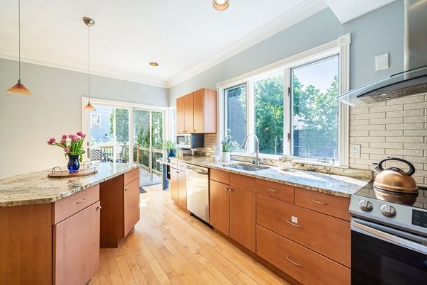 Interior, Kitchen, Pendant Lights, Recessed Lighting, Stainless Steel Appliances, Wood Texture Flooring