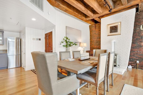 Dining room, Interior, Recessed Lighting, Stone Walls, Wooden Beams, Wooden Ceilings, Wood Texture Flooring