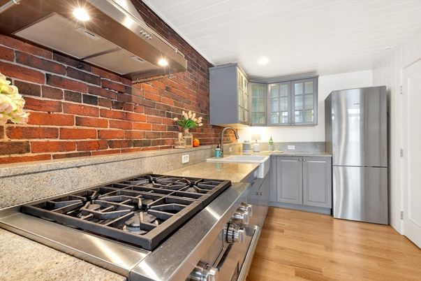 Interior, Kitchen, Recessed Lighting, Stainless Steel Appliances, Stone Walls, Wood Texture Flooring