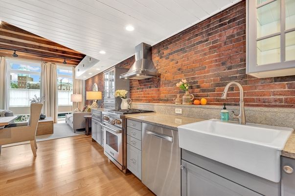 Interior, Kitchen, Living room, Recessed Lighting, Stainless Steel Appliances, Stone Walls, Wooden Beams, Wooden Ceilings, Wood Texture Flooring