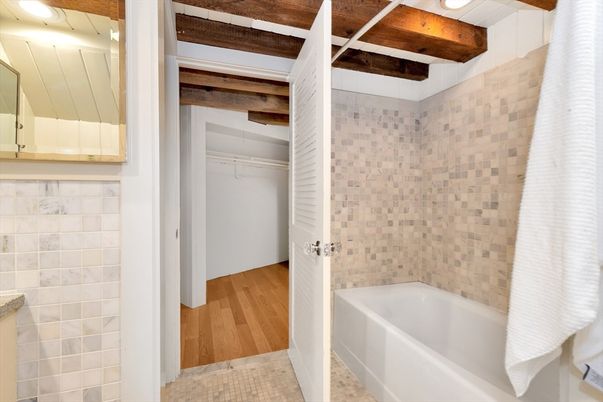 Bathroom, Interior, Recessed Lighting, Wooden Beams, Wood Texture Flooring