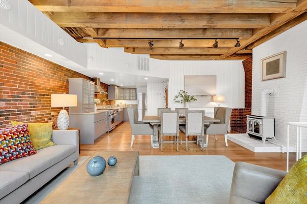 Dining room, Fireplace, Interior, Kitchen, Living room, Recessed Lighting, Stainless Steel Appliances, Stone Walls, Wooden Beams, Wooden Ceilings, Wood Texture Flooring