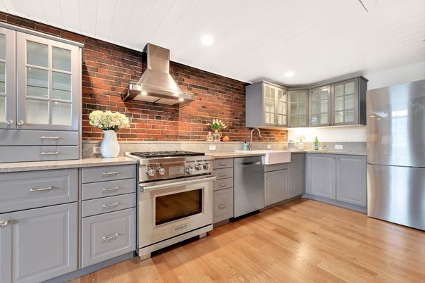 Interior, Kitchen, Recessed Lighting, Stainless Steel Appliances, Stone Walls, Wood Texture Flooring