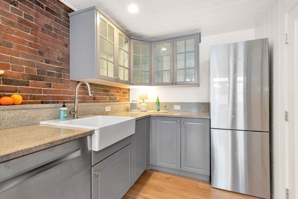 Interior, Kitchen, Recessed Lighting, Stainless Steel Appliances, Stone Walls, Wood Texture Flooring