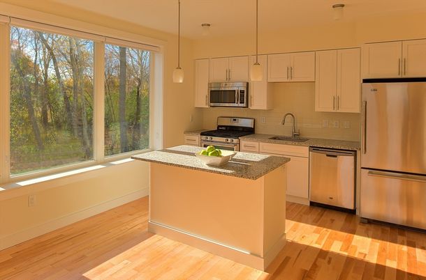 Interior, Kitchen, Pendant Lights, Stainless Steel Appliances, Wood Texture Flooring