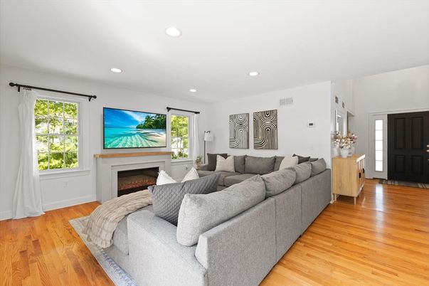 Fireplace, Interior, Living room, Recessed Lighting, Wood Texture Flooring