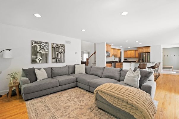 Dining room, Interior, Kitchen, Living room, Recessed Lighting, Stainless Steel Appliances, Wood Texture Flooring
