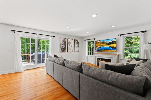 Fireplace, Interior, Living room, Recessed Lighting, Wood Texture Flooring