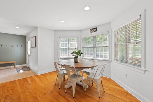 Dining room, Interior, Recessed Lighting, Wood Texture Flooring