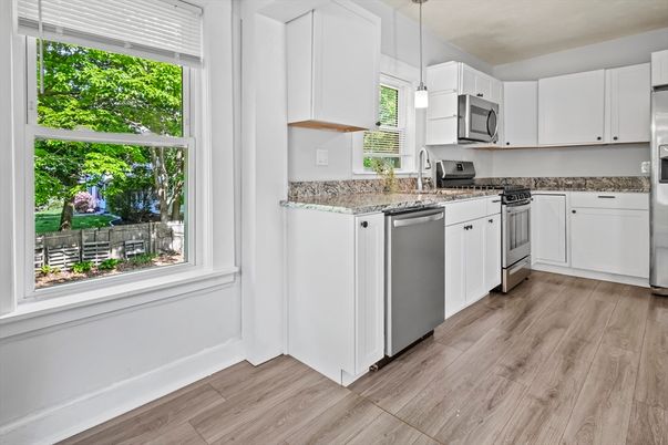 Interior, Kitchen, Pendant Lights, Wood Texture Flooring