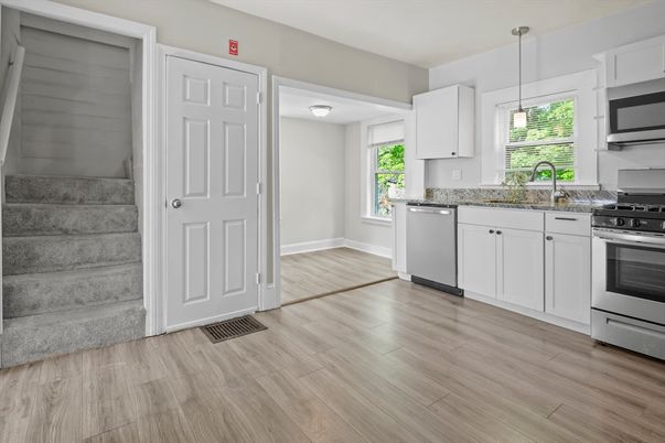 Interior, Kitchen, Pendant Lights, Stainless Steel Appliances, Wood Texture Flooring