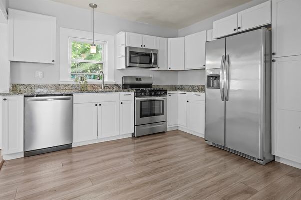 Interior, Kitchen, Pendant Lights, Stainless Steel Appliances, Wood Texture Flooring