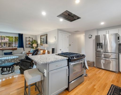 Interior, Kitchen, Living room, Recessed Lighting, Stainless Steel Appliances, Wood Texture Flooring