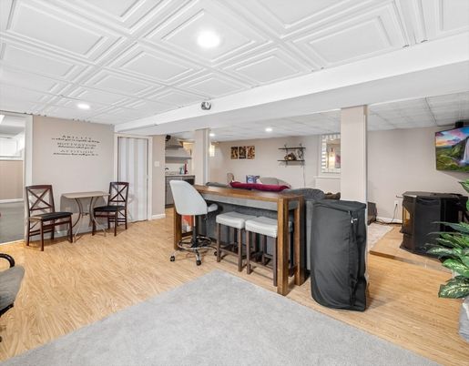 Dining room, Interior, Recessed Lighting, Wood Texture Flooring