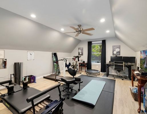 Fitness Equipment, Home Office, Interior, Recessed Lighting, Wood Texture Flooring