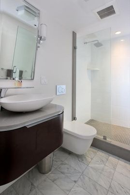 Bathroom, Free Standing Baths, Glass Shower, Interior, Marble, Recessed Lighting