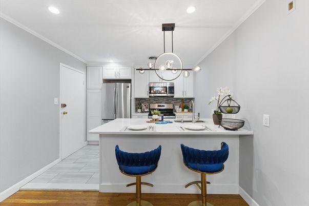Interior, Kitchen, Pendant Lights, Recessed Lighting, Stainless Steel Appliances, Wood Texture Flooring