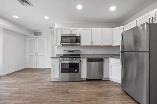 Interior, Kitchen, Recessed Lighting, Stainless Steel Appliances, Wood Texture Flooring