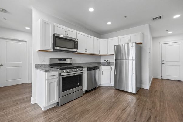 Interior, Kitchen, Recessed Lighting, Stainless Steel Appliances, Wood Texture Flooring