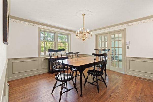 Chandelier, Dining room, Interior, Wood Texture Flooring