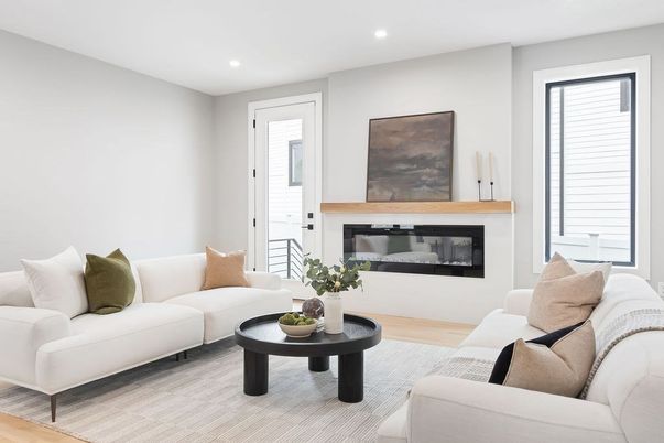 Fireplace, Interior, Living room, Recessed Lighting, Wood Texture Flooring