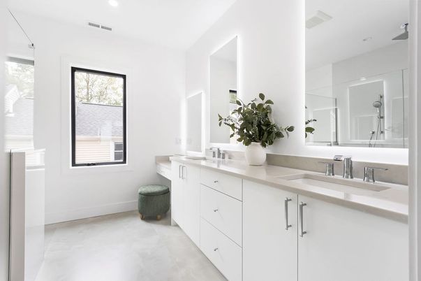 Bathroom, Dual Sink Vanities, Interior, Marble, Recessed Lighting