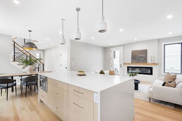Dining room, Fireplace, Interior, Kitchen, Living room, Pendant Lights, Recessed Lighting, Wood Texture Flooring