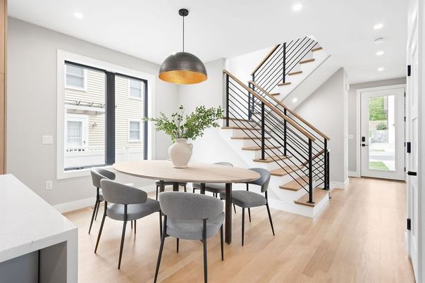 Dining room, Interior, Pendant Lights, Recessed Lighting, Wood Texture Flooring