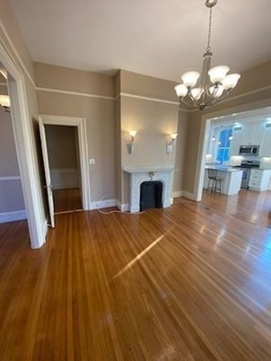 Chandelier, Empty room, Fireplace, Interior, Kitchen, Wood Texture Flooring