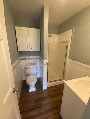 Bathroom, Glass Shower, Interior, Wood Texture Flooring