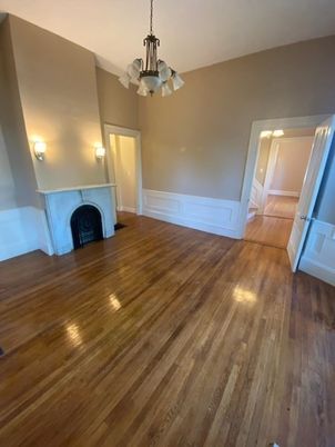 Chandelier, Empty room, Fireplace, Interior, Wood Texture Flooring