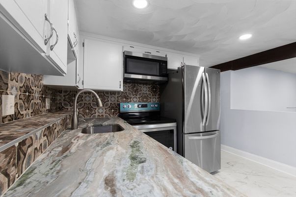 Interior, Kitchen, Marble, Recessed Lighting, Stainless Steel Appliances