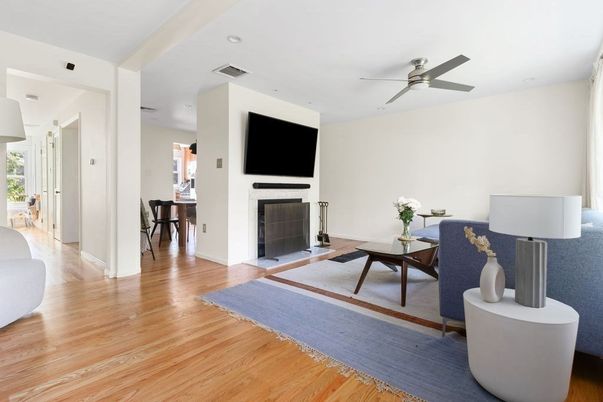 Fireplace, Interior, Living room, Recessed Lighting, Wood Texture Flooring
