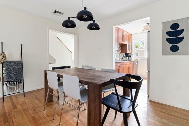 Dining room, Interior, Kitchen, Pendant Lights, Wood Texture Flooring