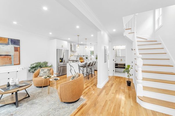 Interior, Kitchen, Living room, Pendant Lights, Recessed Lighting, Stainless Steel Appliances, Wood Texture Flooring