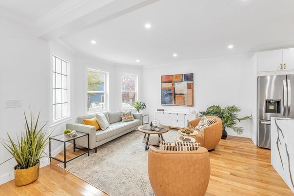Interior, Kitchen, Living room, Recessed Lighting, Stainless Steel Appliances, Wood Texture Flooring
