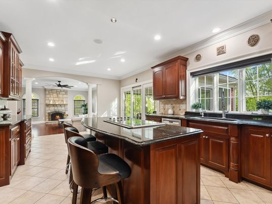 Fireplace, Interior, Kitchen, Living room, Recessed Lighting, Wood Texture Flooring
